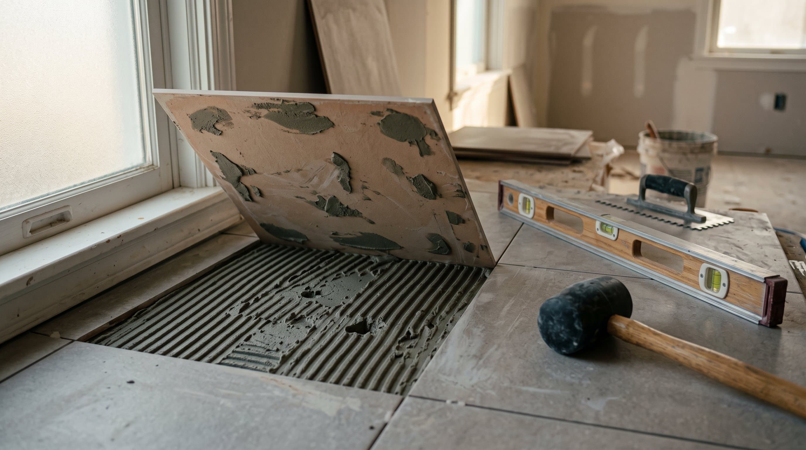 Tile installer running the tap test on a tile floor to find hollow sounding tile in a New Jersey home