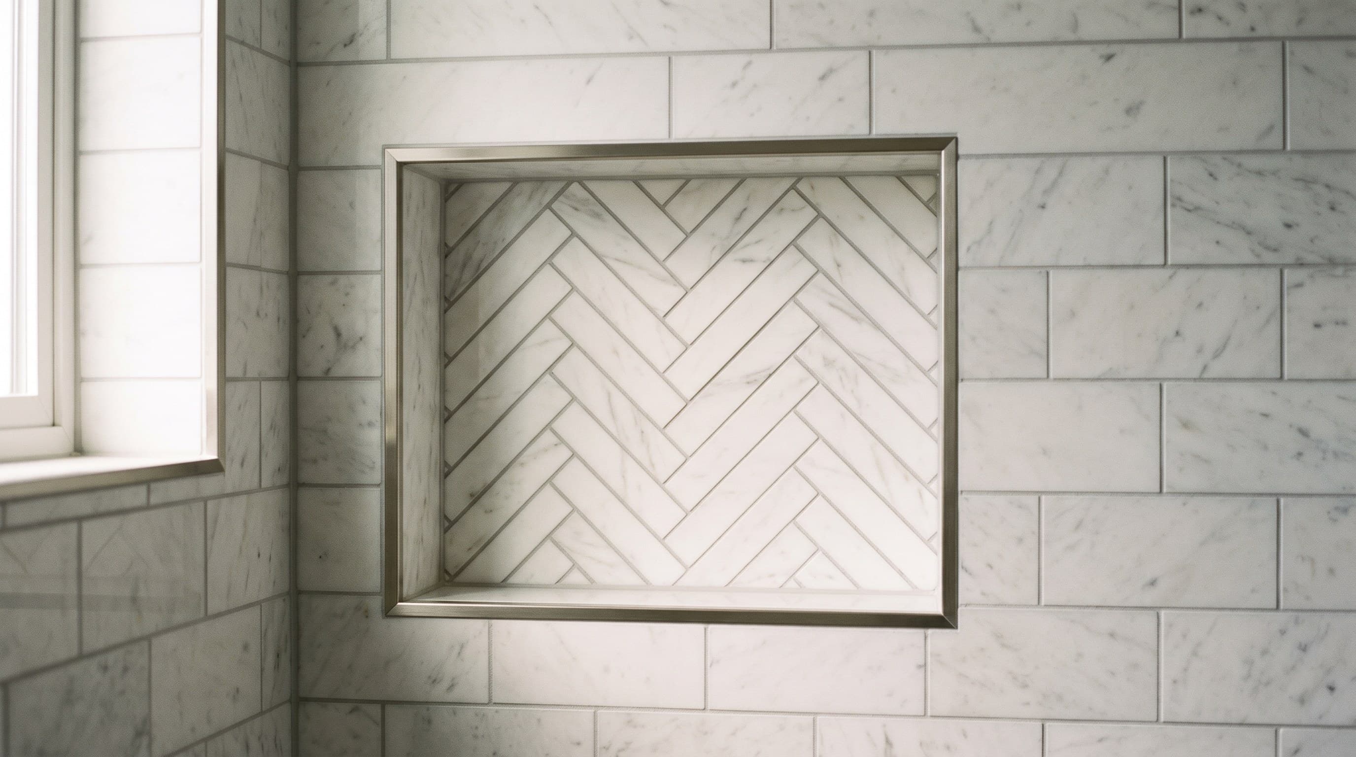 How to inspect a tile installation: raking light across a finished herringbone shower niche and caulked inside corner in a New Jersey bathroom.