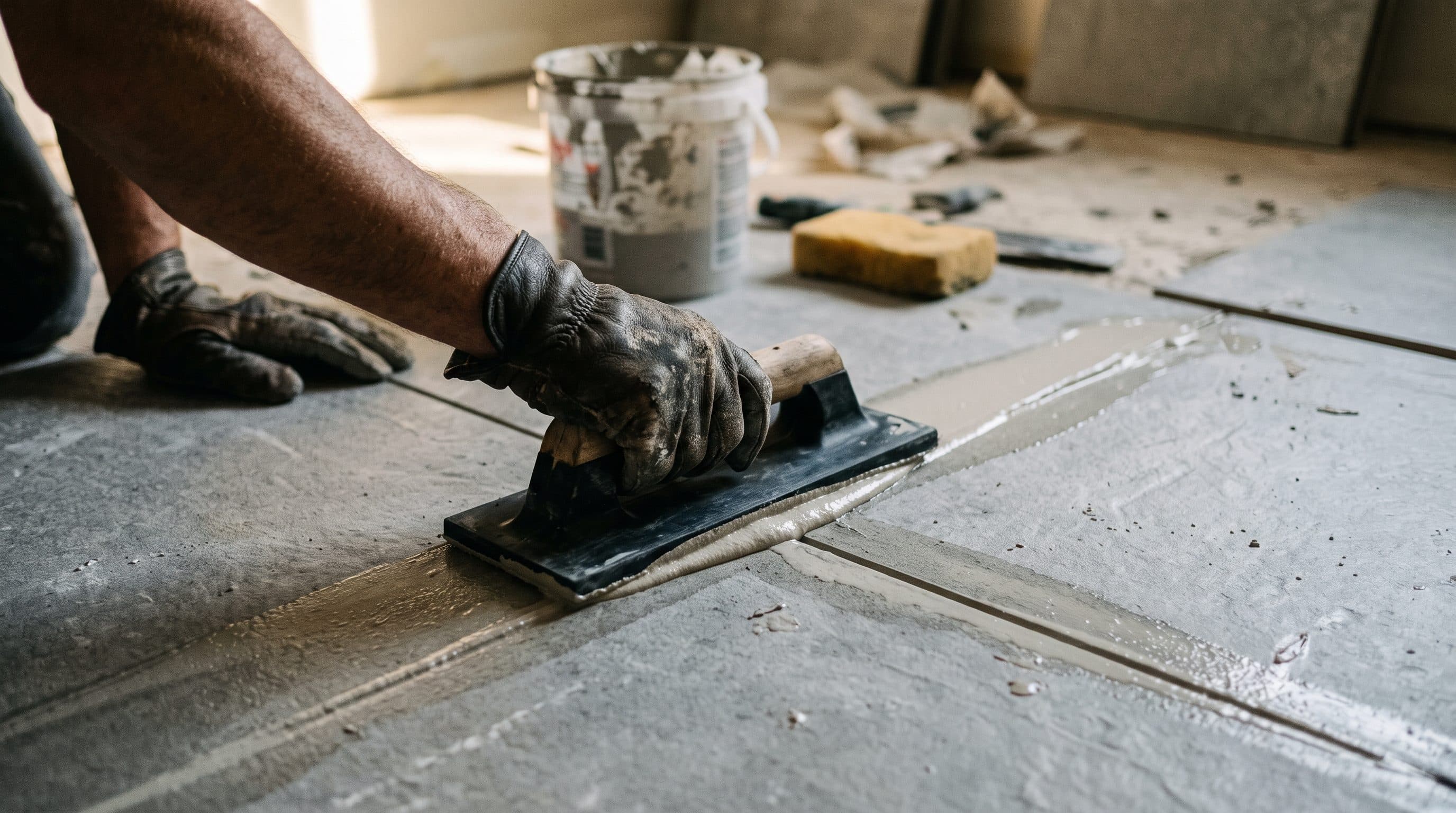 Tile setter pressing a grout float across large-format porcelain floor tile while choosing the right grout type