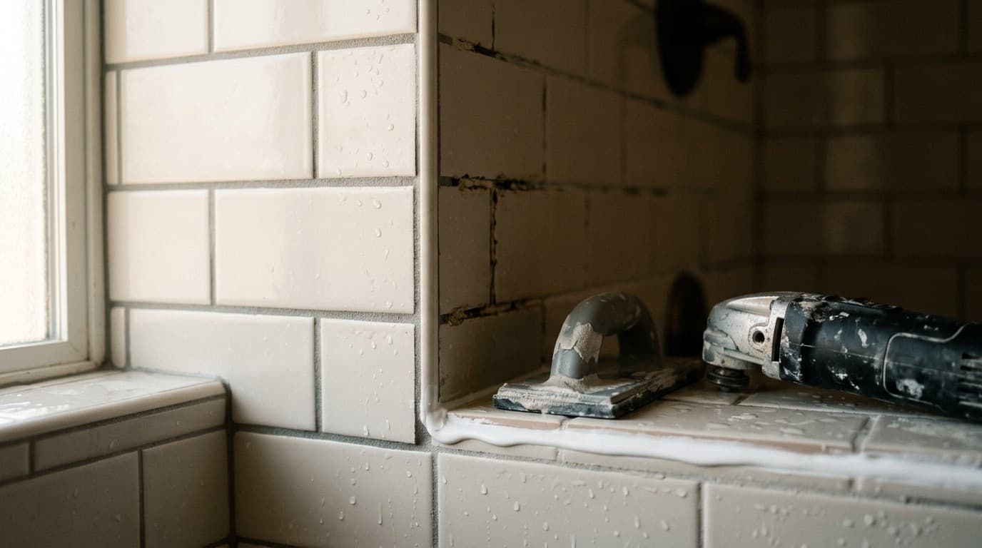 Fresh grout lines and a grout removal tool on a tile shower wall during a regrout by JL Tile & Stone in Monmouth County NJ