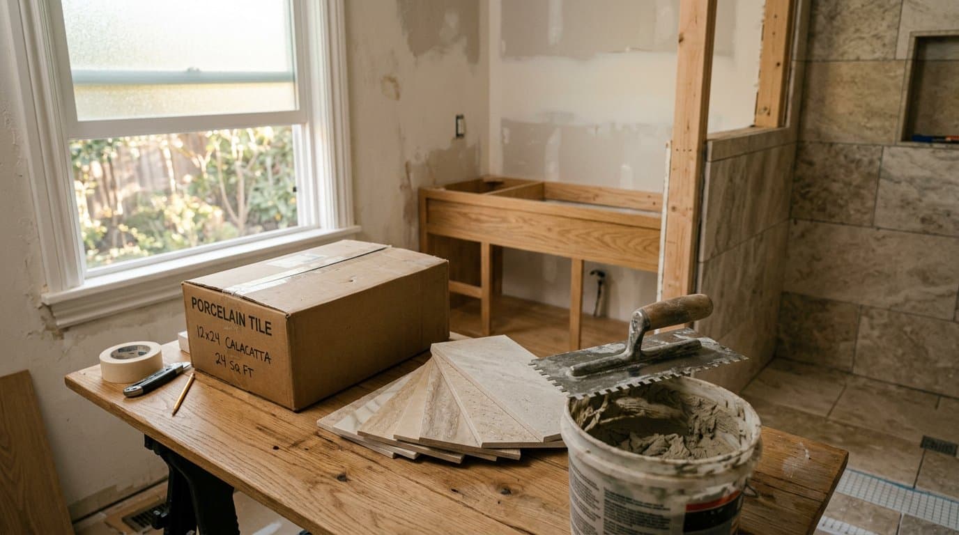 Boxes of homeowner-supplied tile staged and checked for matching dye lot before a JL Tile & Stone installation in Monmouth County NJ