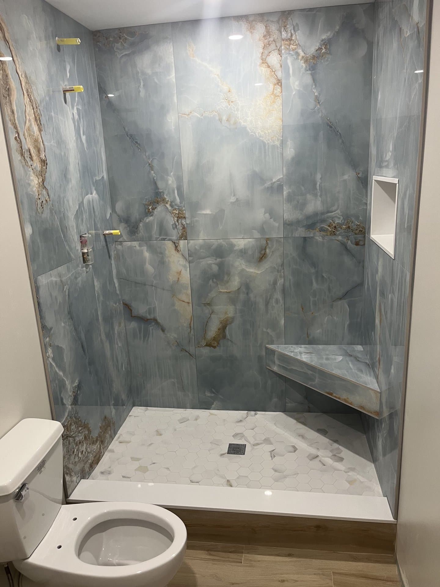 Blue Onyx Walk-In Shower — Bathroom tile project in Silverton (Toms River), NJ by JL Tile & Stone